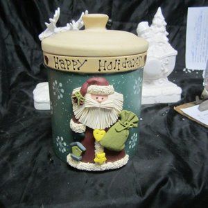 VTG 80'S CHRISTMAS SANTA COOKIE JAR STONEWARE JAR W/LID FOLK ART